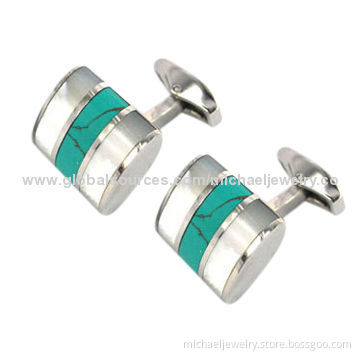 Stainless Steel Cufflinks with Mop & Green Synthetic Stones, Concise and Fashionable
